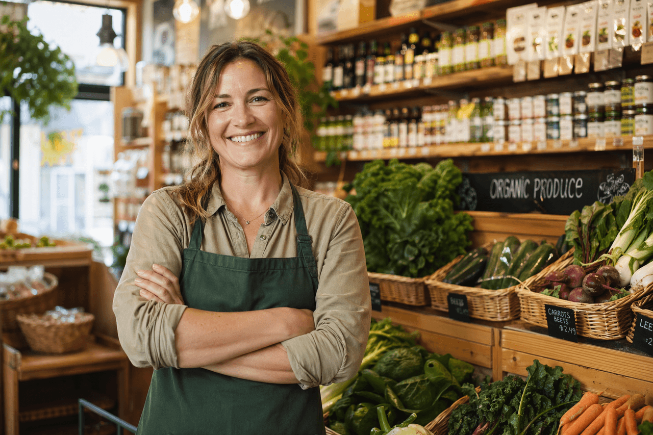 Commerçante dans une épicerie locale utilisant une plateforme de gestion pour faire rouler son commerce.