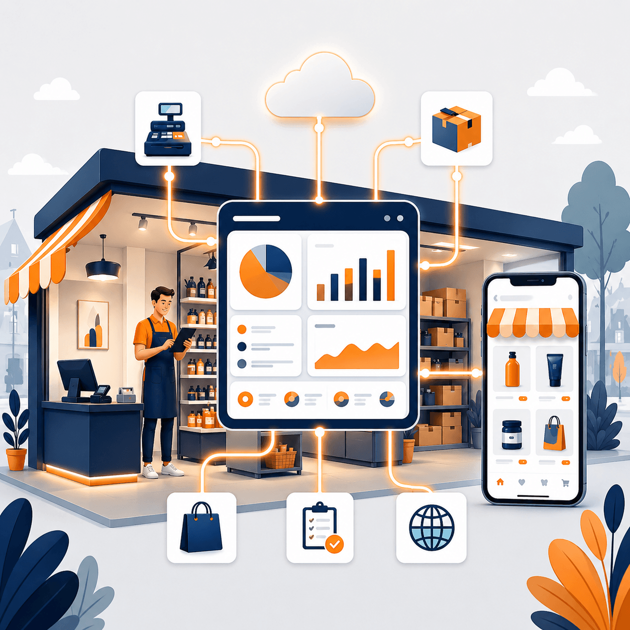 Illustration montrant une plateforme Comelin qui relie les opérations du commerce dans une architecture unifiée
